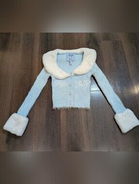Hello Kitty sz. S faux fur trim baby blue cardigan